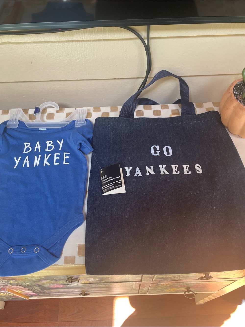 New Baby Yankee Onesie & Denim Go Yankees Tote